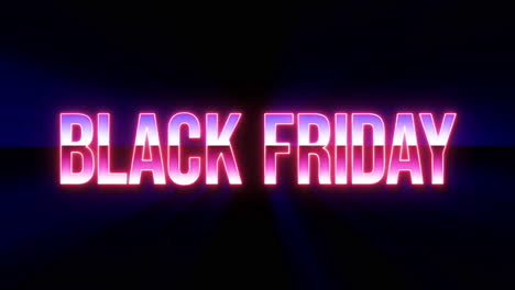A-laser-sculpting-the-words-Black-Friday-with-a-neon-lighting,-filled-with-two-chrome-gradients,-with-rays-moving-on-the-background