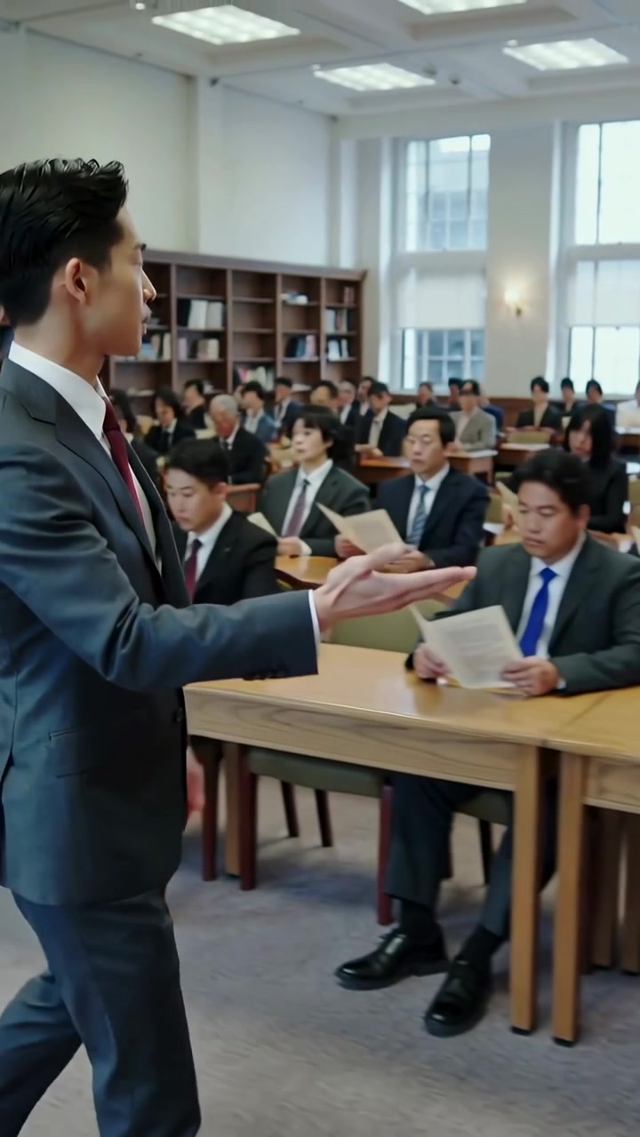 Vertical video: Walking man in suit gesturing at lecture start in library, with lectern, copy space