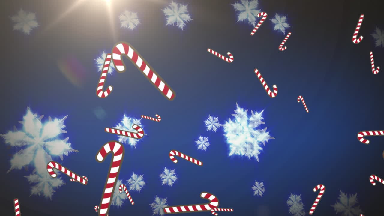 animación digital de múltiples copos de nieve y bastones de caramelo cayendo contra un punto brillante de luz