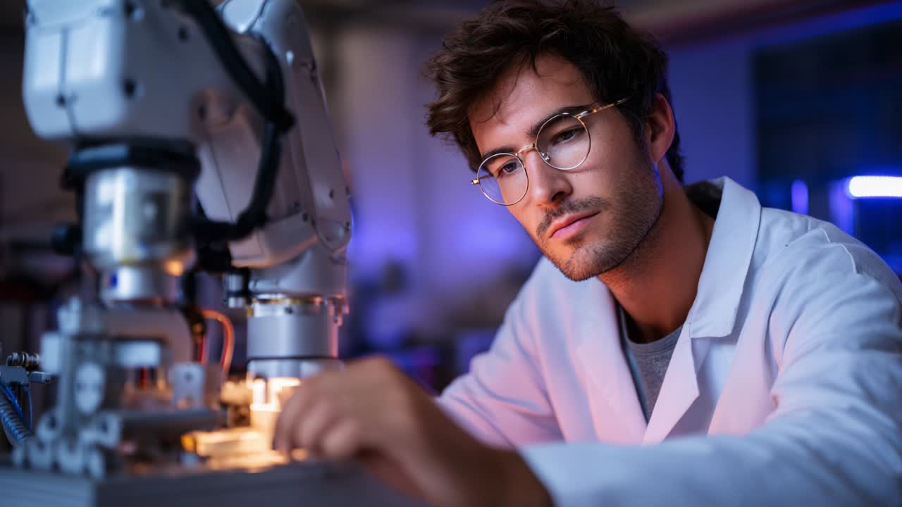 A focused individual in a laboratory setting meticulously interacts with advanced robotic technology, showcasing a blend of human ingenuity and mechanical precision, immersed in innovation and discovery