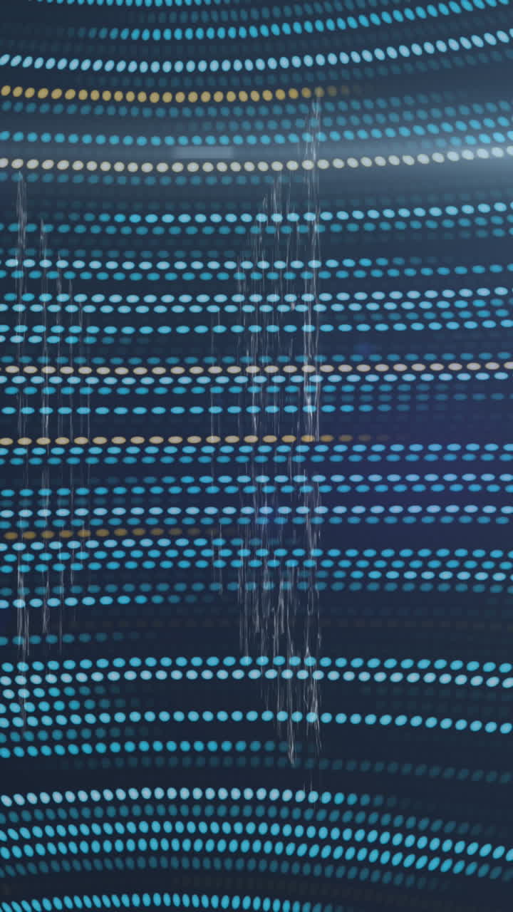 Animation of data processing over navy background with yellow and green lights