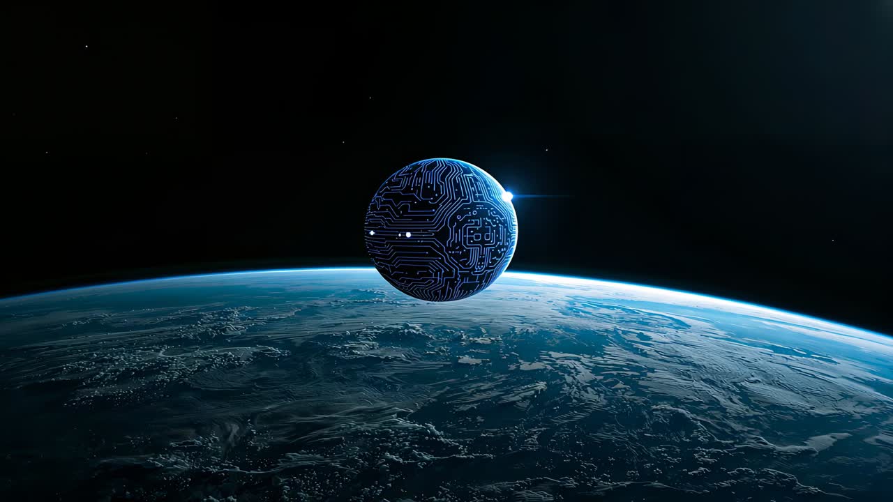 Hovering circuit-board orb activating HUD rings in low Earth orbit, lens flare starting scan