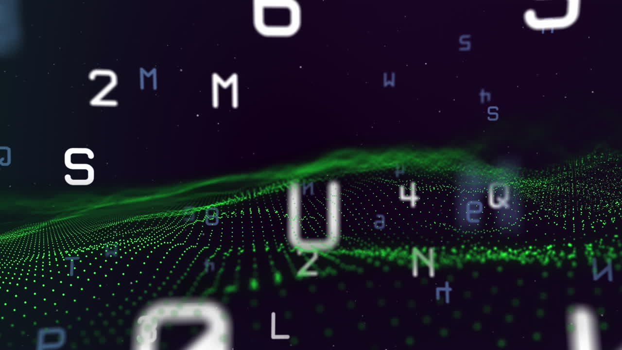 Animation of changing white and blue numbers and letters over green digital landscape on black
