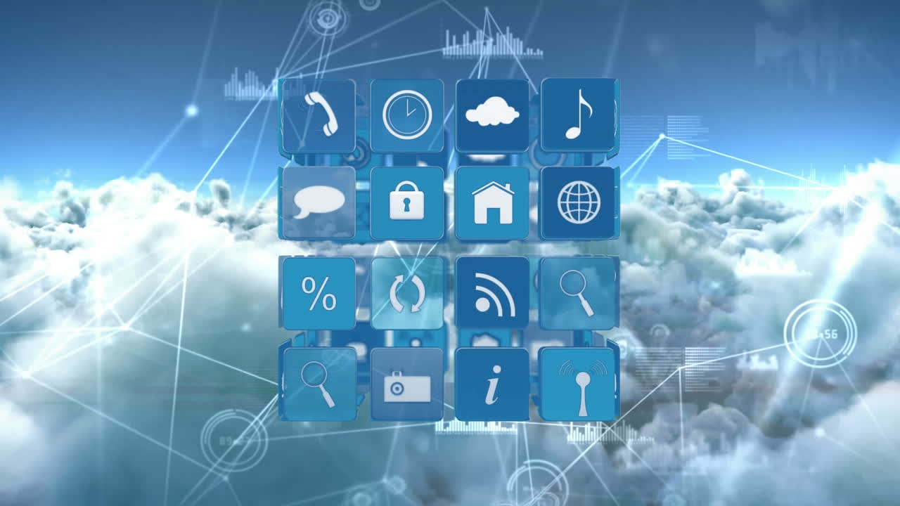 Icone online e di applicazioni in quadrati e diversi grafici