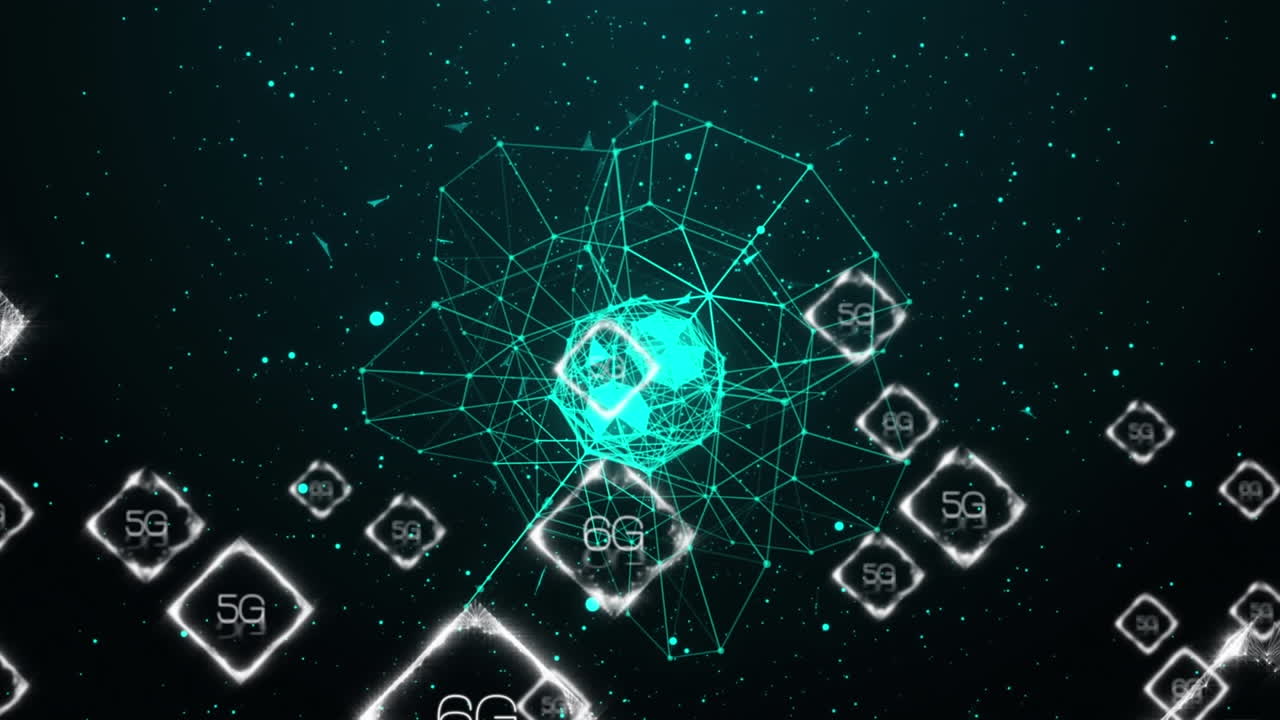 Animation of 5g text banners and white particles over 3d geometrical globe against black background