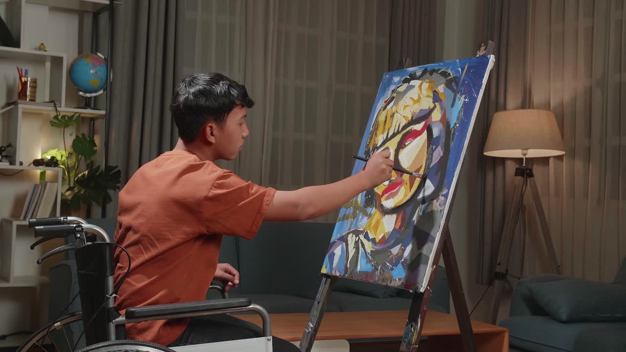 Asian Artist Boy In Wheelchair Holding Paintbrush And Mixing It With Colour Before Painting A Girl'S Face On The Canvas