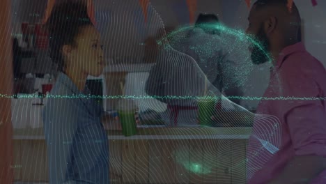 animation of globe and shapes over diverse woman and man talking in office