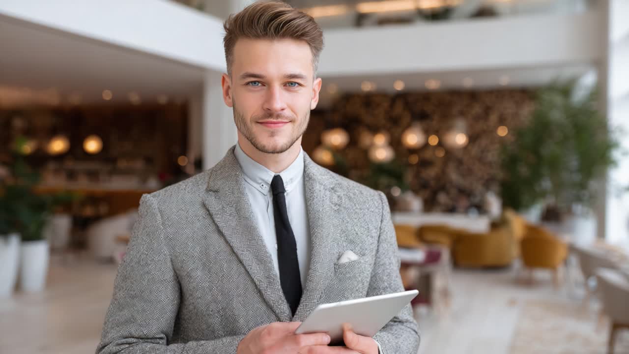 A Confident Professional Man in a Stylish Suit Holding a Tablet, Capturing the Essence of Modern Business and Technology in a Chic Café Environment