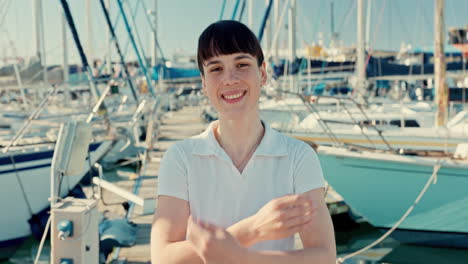 travel, ocean and happy woman with arms crossed