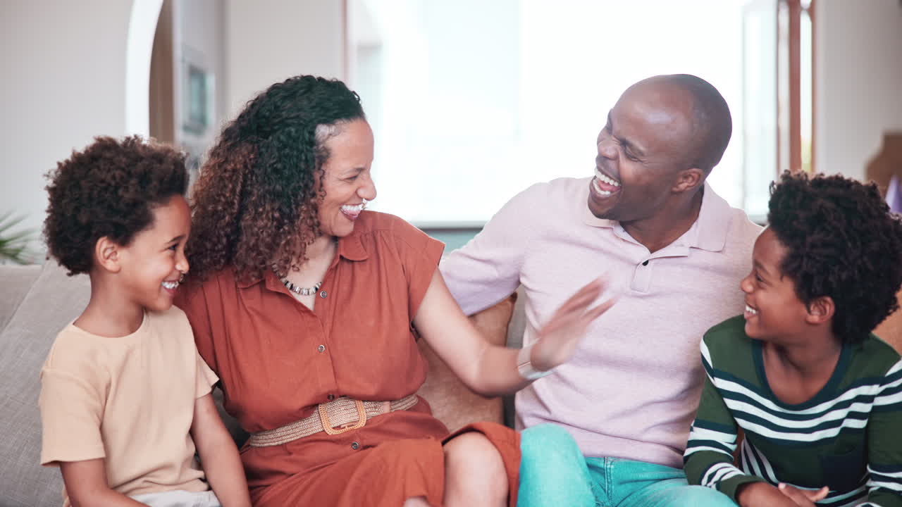 Home, laugh and happy African family conversation