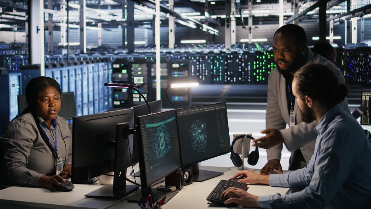 Vertical video Server farm manager overseeing engineer examining neural network algorithms