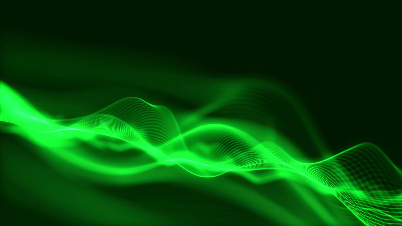 Green Flowing Waveform Ribbon Sweeping Across Dark Stage, Neon Glow Lines, Rhythmic Pulse, Audio Visualization