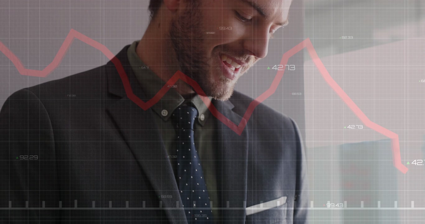 Male pro tapping tablet, activating red-line graph, camera pulling back, analyzing business data