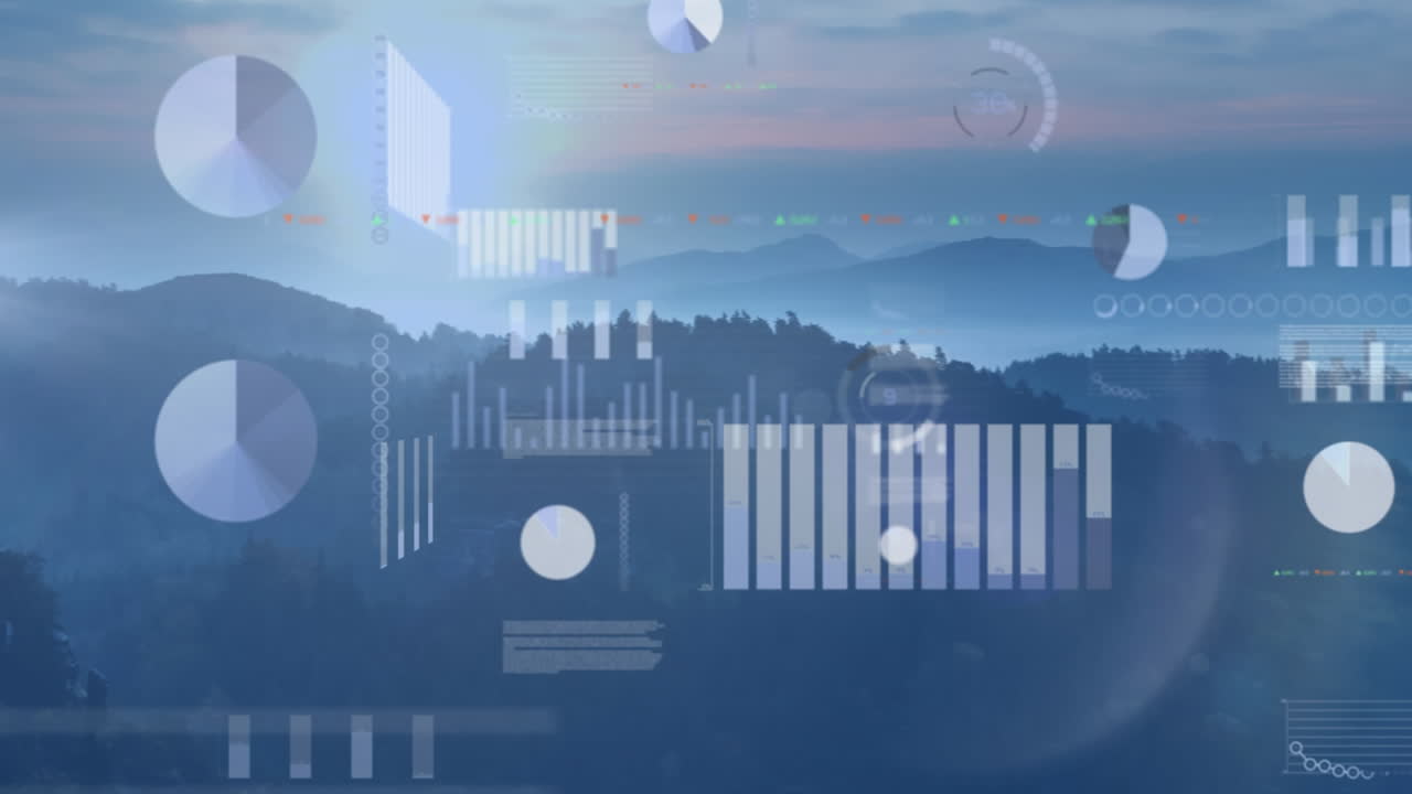 Animation of data processing and stock market over landscape