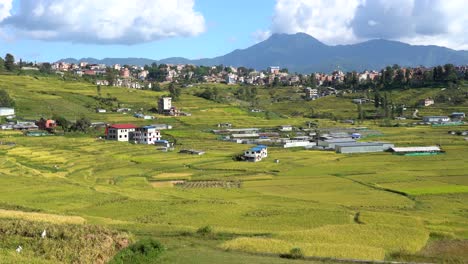 Eine-Schwenkansicht-Der-Reisfeldterrassen-Mit-Einer-Kleinen-Stadt-Im-Hintergrund-Mit-Den-Ausläufern-Des-Himalaya-In-Nepal