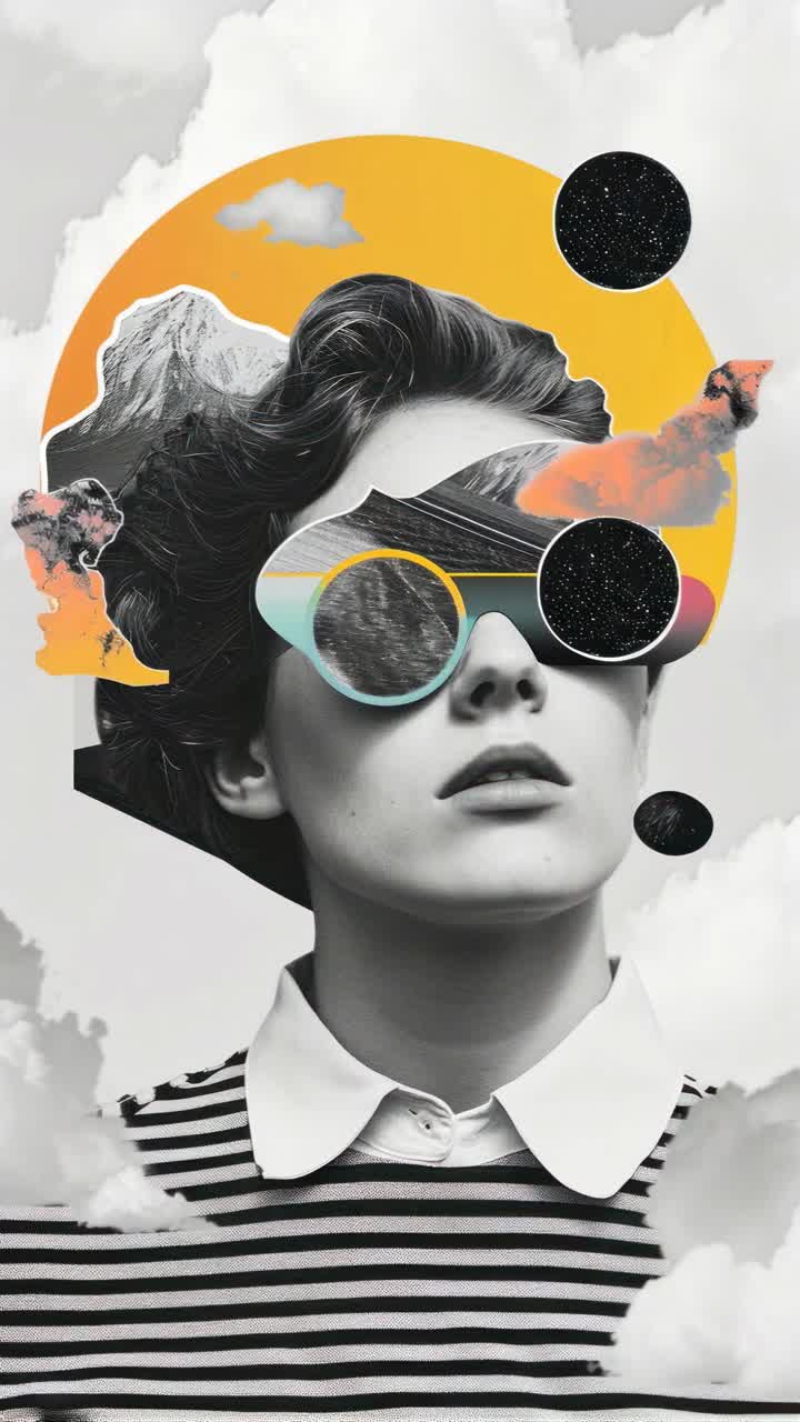 Surreal video concept with a close-up angle. A woman in sunglasses with a collage of mountains