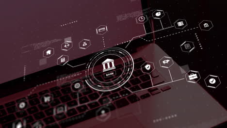 animación de conexiones con iconos comerciales y procesamiento de datos a través de portátiles
