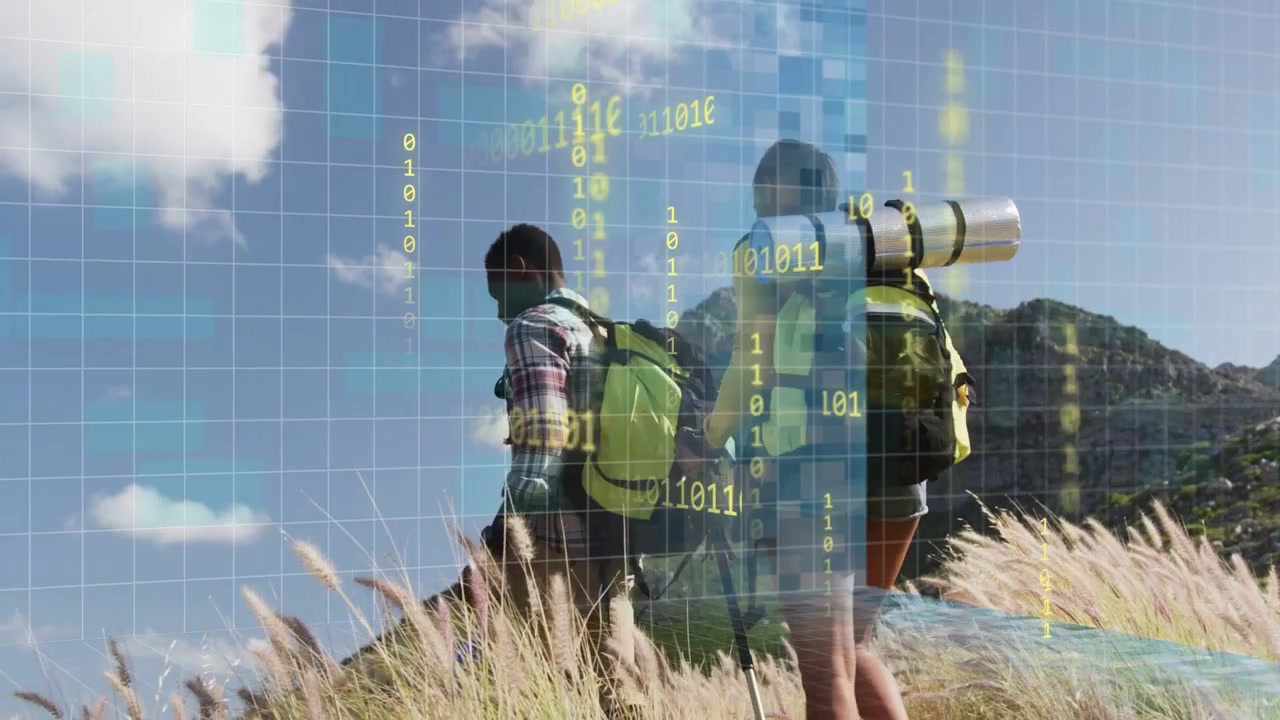 Uomo che guida una donna che cammina in salita su un crinale, con una griglia digitale che appare sulla sinistra e mappa i dati di navigazione.
