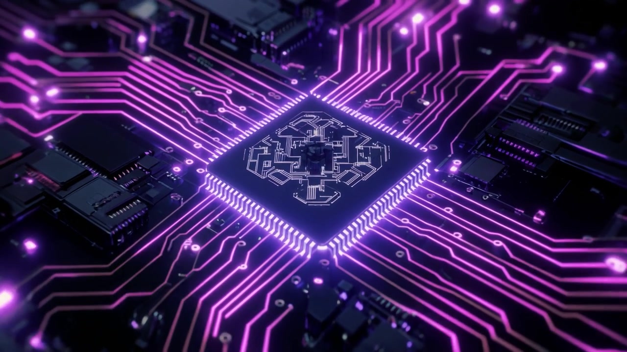 Central Processing Unit (CPU) med glødende lilla datakredsløb på bundkort