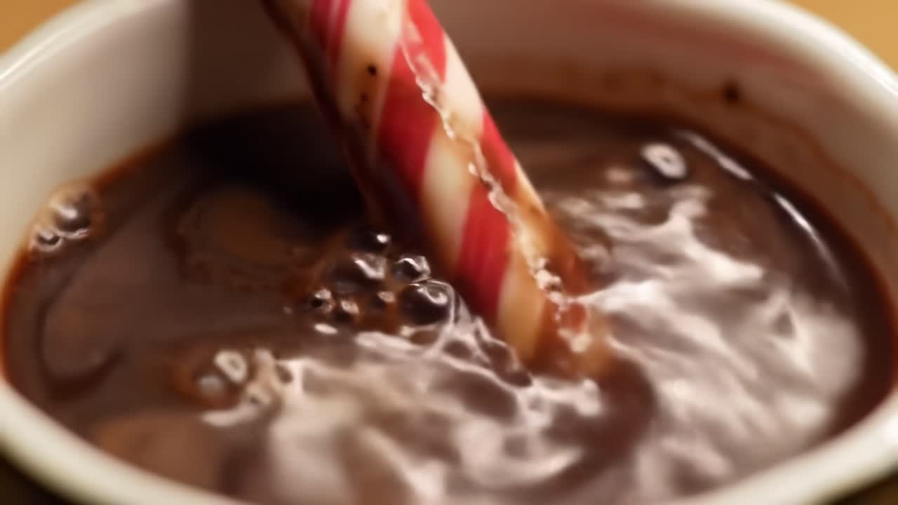 Indulging in a Cozy Winter Treat: A Festive Candy Cane Stirring in a Warm, Rich Chocolate Bliss Perfect for Holiday Celebrations