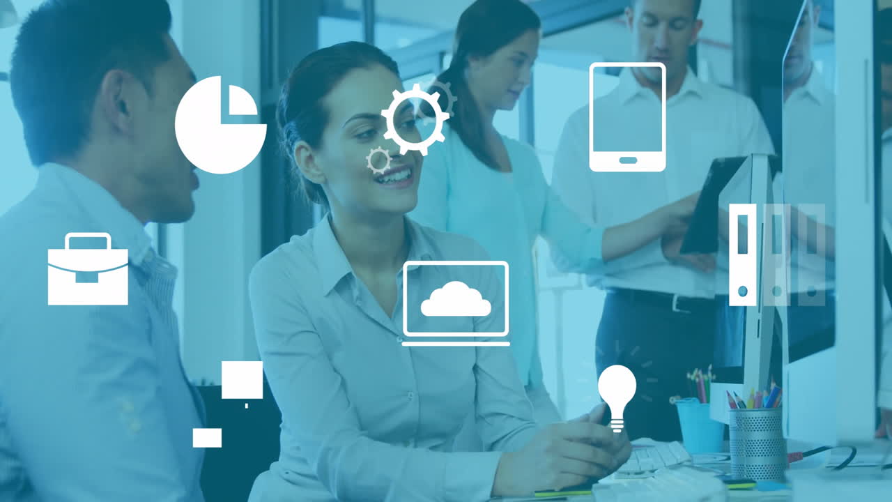 iconas de negocios animación sobre diversos profesionales que colaboran en la oficina moderna