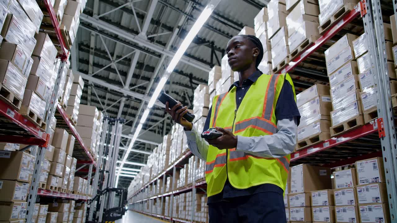 Wide-angle video of a warehouse worker in a high-visibility vest, holding a device