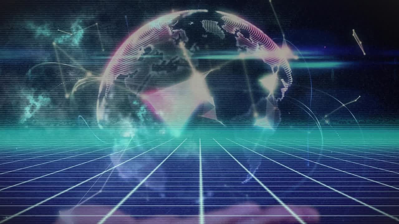 Animazione di una rete di connessioni su una mappa del mondo