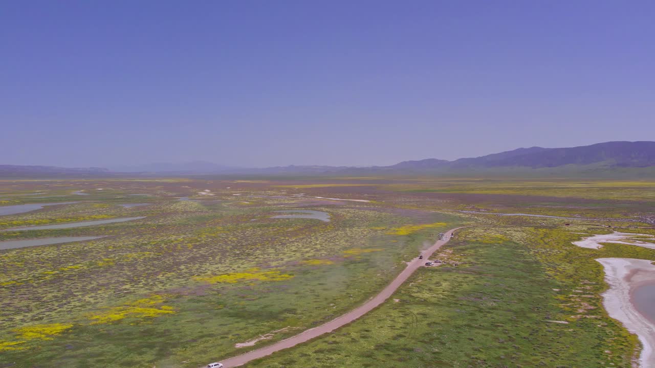 Aerial Bird's Eye View of Carrizo Plain in California During the Superbloom