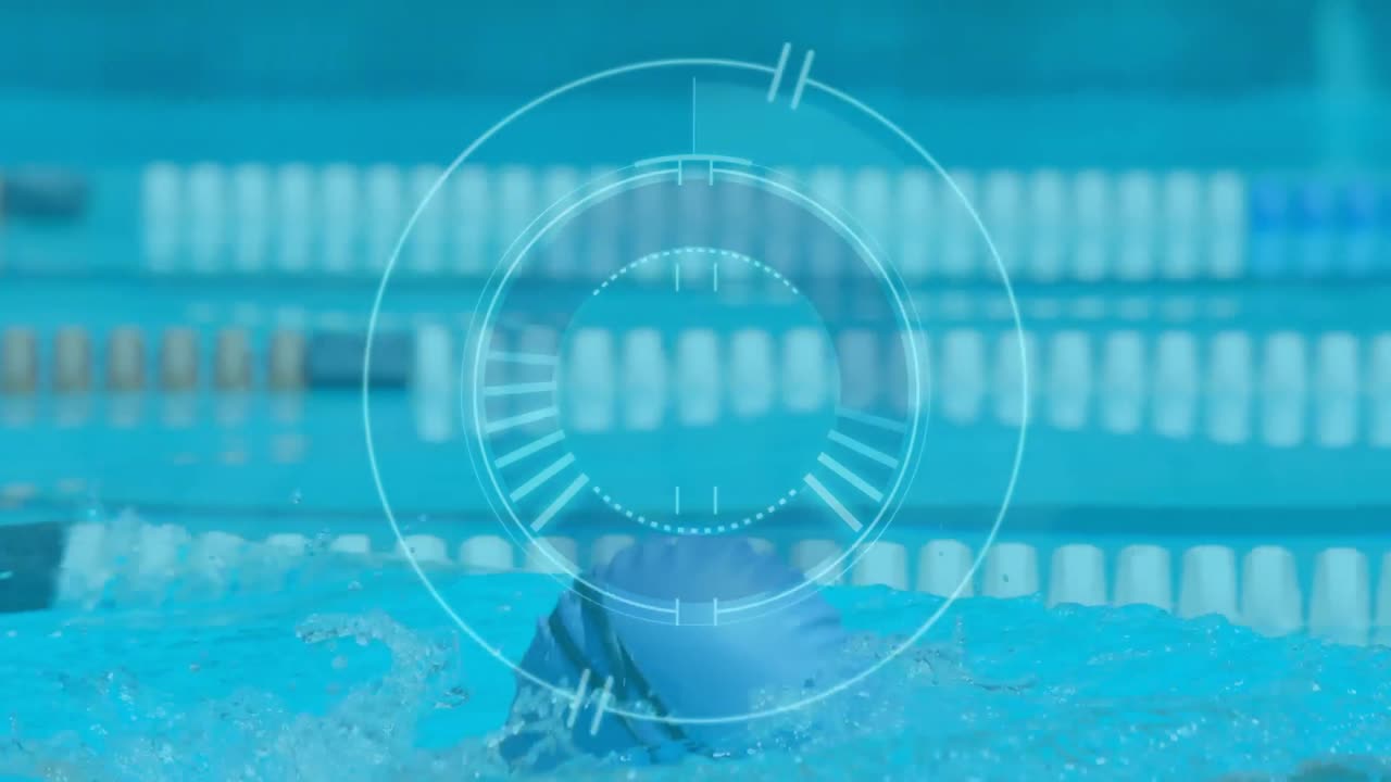 수영장에서 백인 남성 수영 선수를 스캔하는 스의 애니메이션
