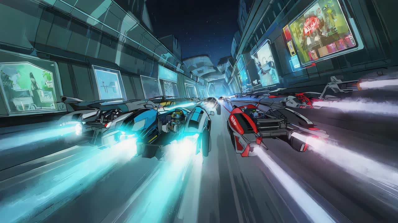 Futuristic Flying Car Race in a Night City