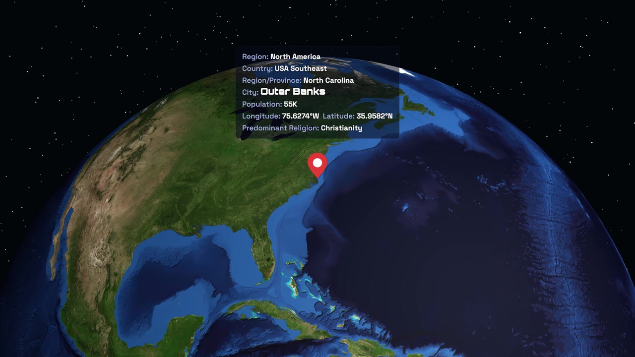 A digital globe rotates in space before zooming into the Outer Banks North Carolina region