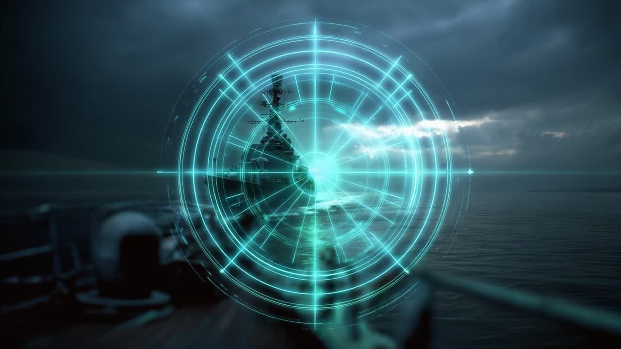 Nave militare vista attraverso un reticolo di mira luminoso. Cieli tempestosi e oceano scuro circondano la nave. L'interfaccia pulsa di energia futuristica. Ideale per progetti militari, di sorveglianza o di fantascienza
