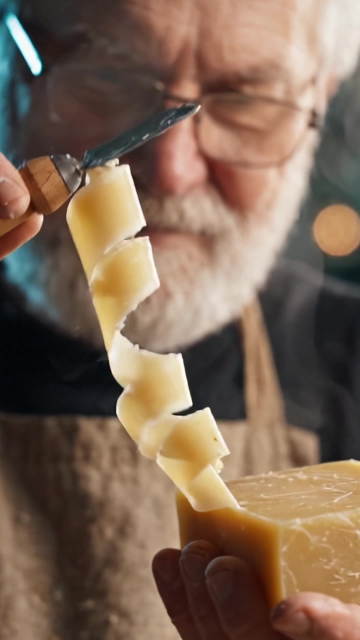 En äldre man skär skickligt ost, visar upp sitt hantverk och sin känsla för detaljer samtidigt som han njuter av mejeriproduktens rika texturer och smaker.