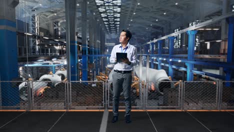 full body side view of an asian male professional worker standing at the center of the wind turbine factory, observes by looking up before he come to concentrating on the tablet and keep on typing