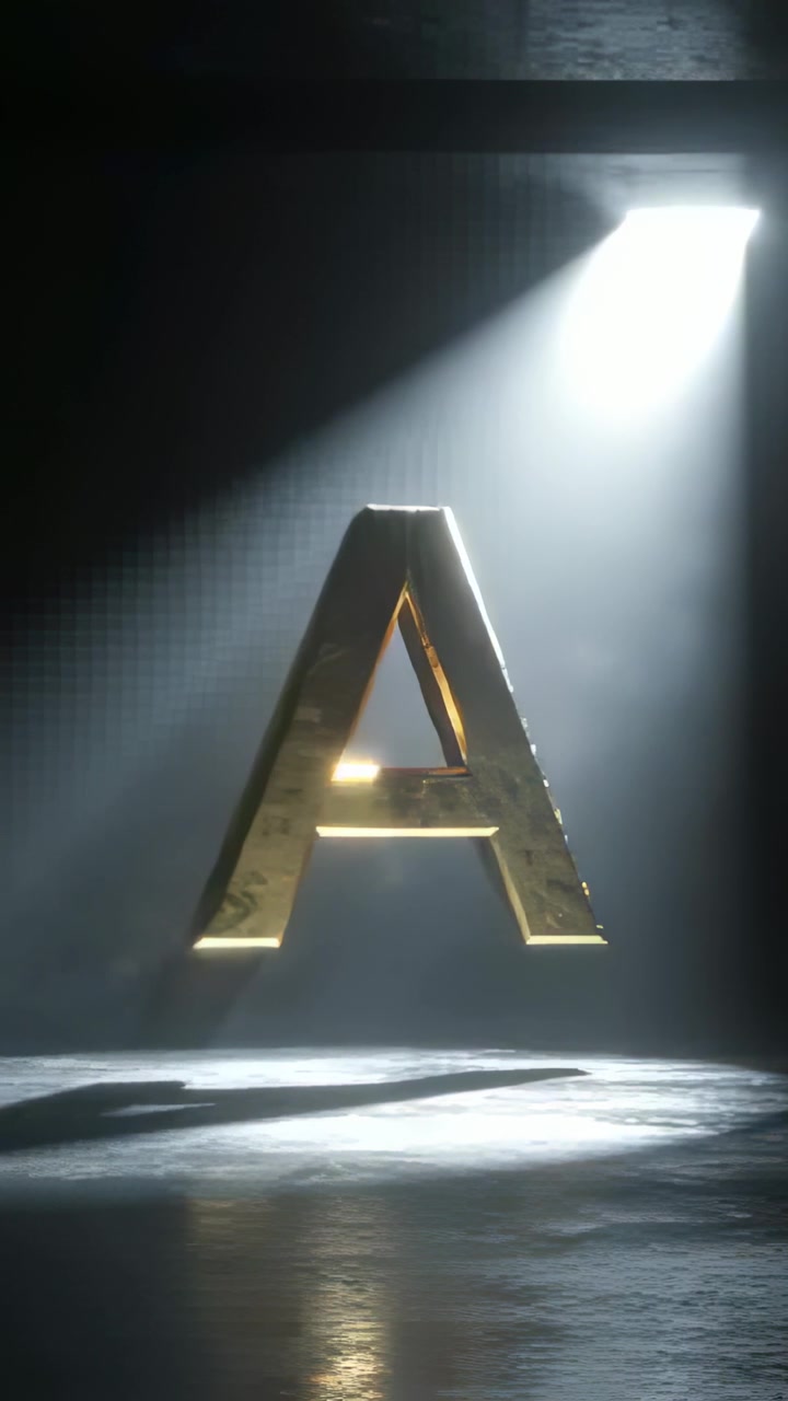 Vertical video: Skylight beam hitting metal letter A, rotating on dark stage, casting reflection
