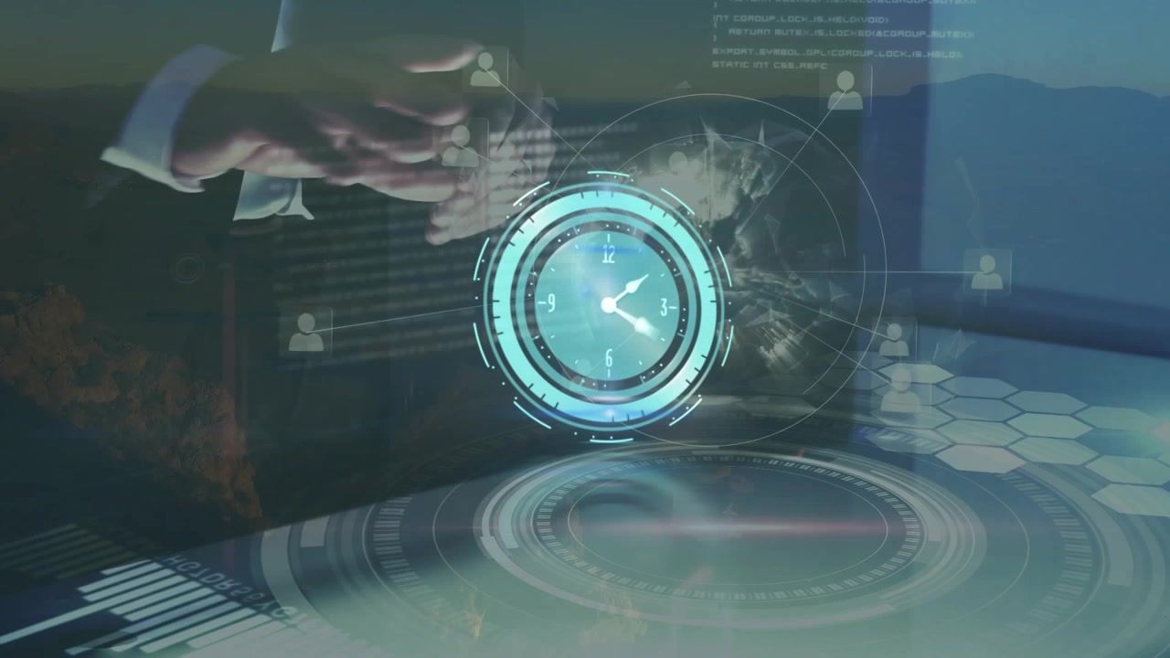 Animation of data processing and clock moving over caucasian businessman
