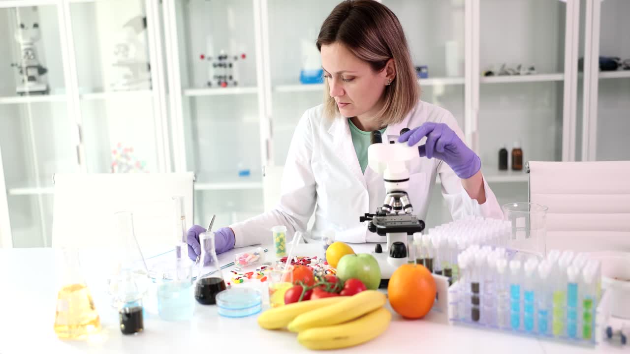 Scientist analyzing fruits and pills under a microscope in a laboratory
