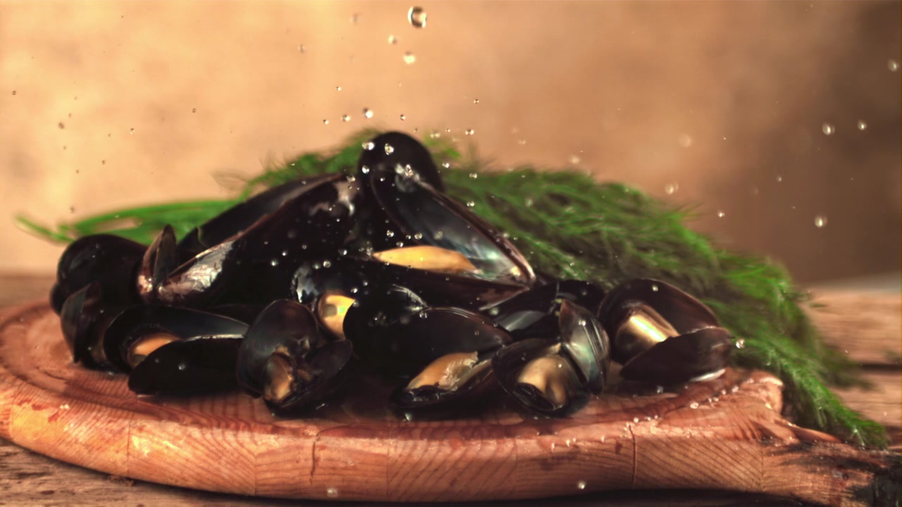 Gotas de agua salpicando mejillones frescos con eneldo en una tabla de madera