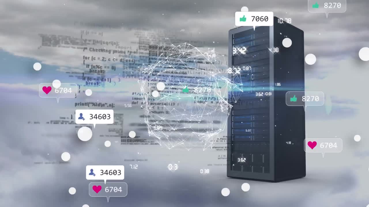 Animation of media icons and data processing over shapes and server