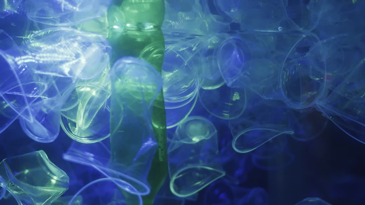 Plastic waste in the sea.Bottle falling down loop of slow motion in background.Video 4K Resolutions.