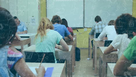 Animation-of-chemical-equations-against-rear-view-of-diverse-students-studying-in-class-at-college