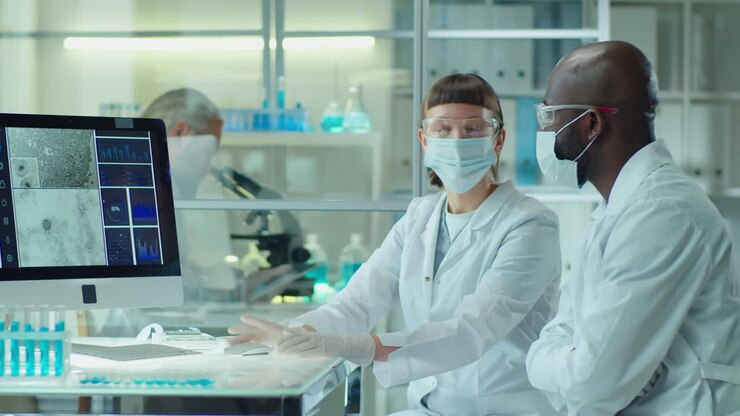 Diverse Colleagues in Masks Discussing Microscopic Image on Computer