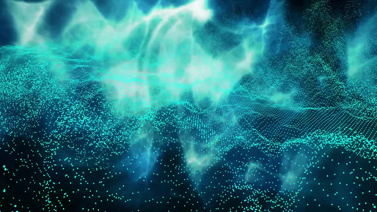 Aurora brightening causing teal particle field undulating and bokeh rising, showing cloud link