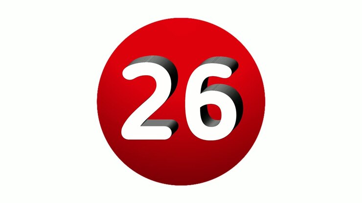 3D-animation af tallet 26 (seksogtyve) som symbol og ikon med bevægelsesgrafik på en rød kugle på hvid baggrund. Tegnefilm-videonummer til videoelementer.