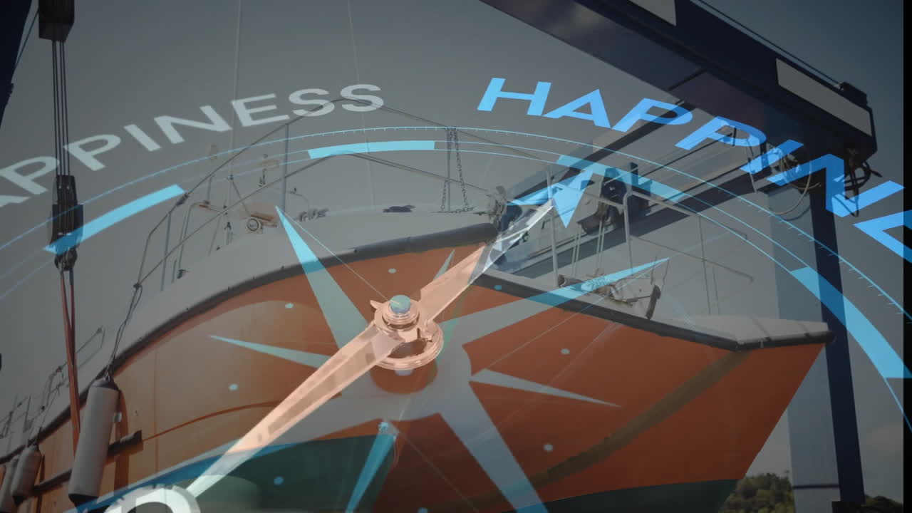 행복의 텍스트와 함께 나침반의 애니메이션 조선소