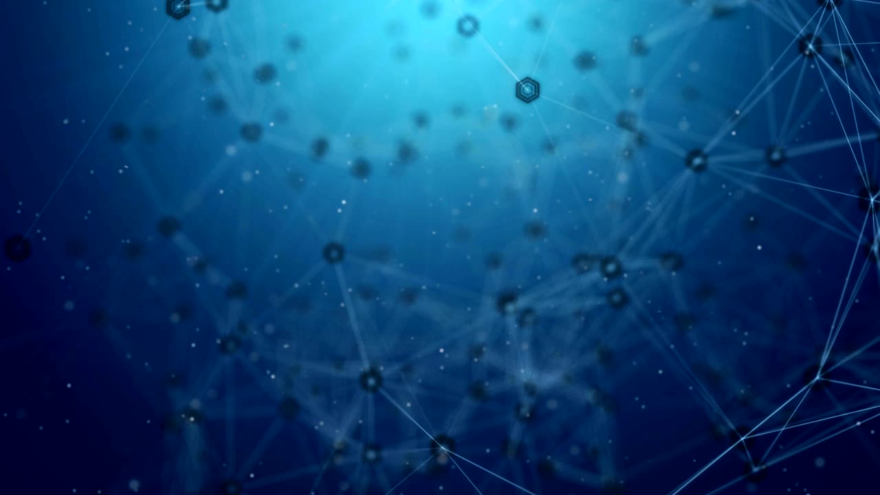 Blue Hexagon Connected with Node lines Abstract Hexagon Geometric Surface Loop light bright clean hexagonal waving motion background canvas in pure wall architectural Seamless loop