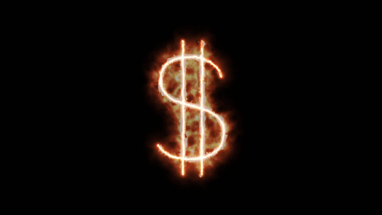 Símbolo da moeda dólar de chamas ardentes e luzes de néon.