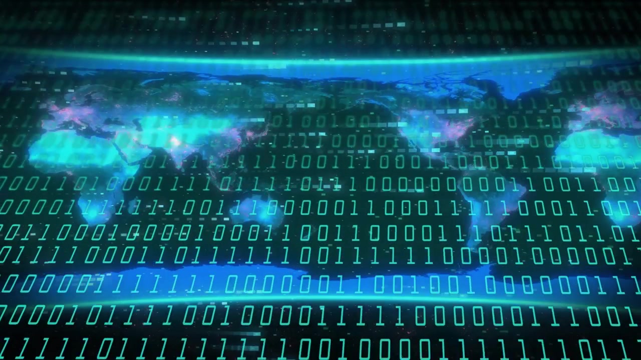 Binary grid and world map being animated, scan band sweeping, highlighting network activity