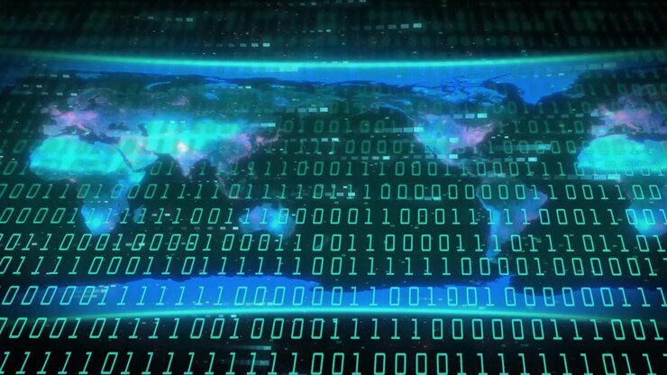 Binary grid and world map being animated, scan band sweeping, highlighting network activity