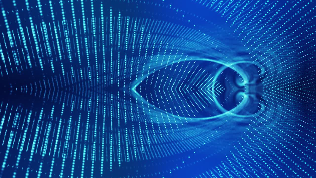 fondo de ciencia ficción con ondas de partículas. bucle de 4k fondo azul abstracto de partículas de brillo forman líneas curvas, superficies estructuras de espejo simétricas. fondo de holograma digital con partículas